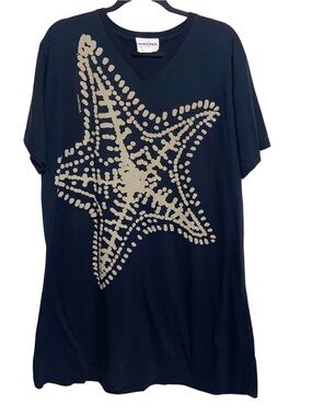 Marushka Handprints Top XL Long Black Tunic Starfish Beach Artsy Tee Coverup